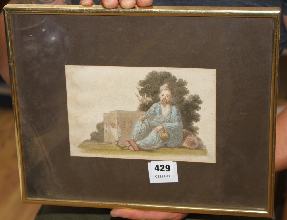 Manner of George Chinnery, watercolour, Chinaman smoking a pipe, 13.5 x 20cm